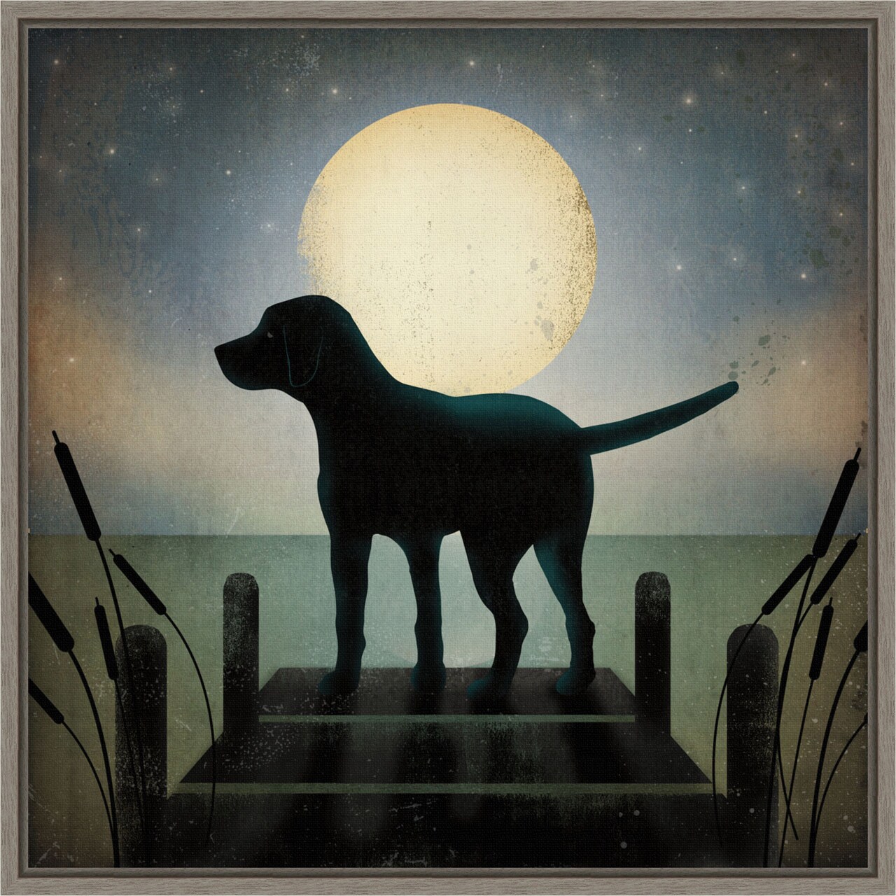 Moonrise Black Dog by Ryan Fowler 16-in. W x 16-in. H. Canvas Wall Art Print Framed in Grey